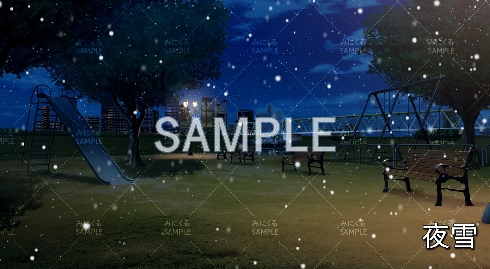 【背景素材】噴水のある公園 雪/降雪/夜雪 (日常編part20-BG17_pl_hs)
