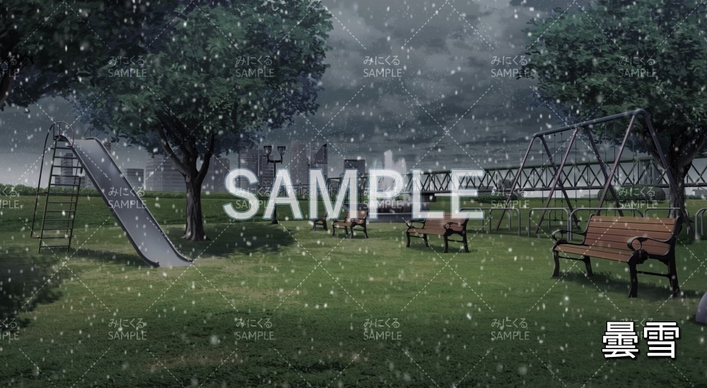 【背景素材】噴水のある公園 雪/降雪/夜雪 (日常編part20-BG17_pl_hs)