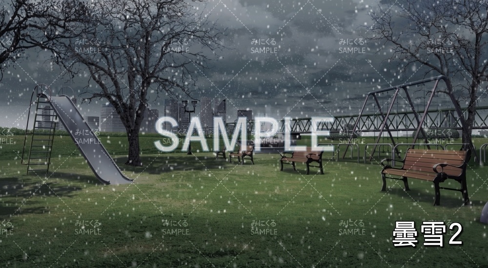 【背景素材】噴水のある公園 雪/降雪/夜雪 (日常編part20-BG17_pl_hs)