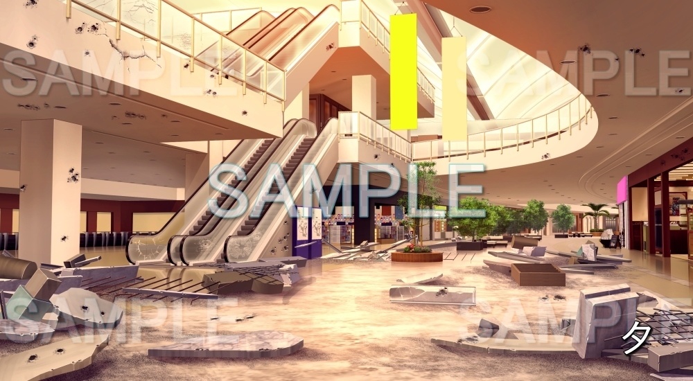 【背景素材】ショッピングモールエントランス 破壊 | 文字なし (特殊編part02-bg036a)