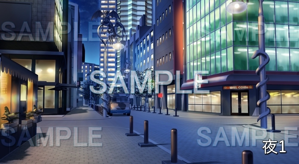 【背景素材】魔物の像がある繁華街 | 文字なし (日常編part21-cubg13_f)