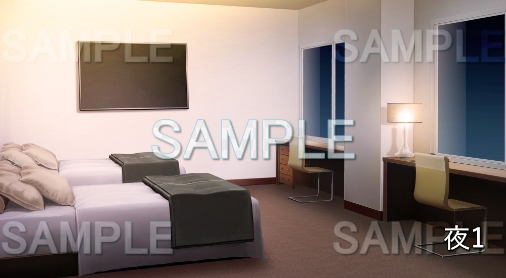 【背景素材】ビジネスホテルな部屋 ツイン (日常編part18-bg018h)