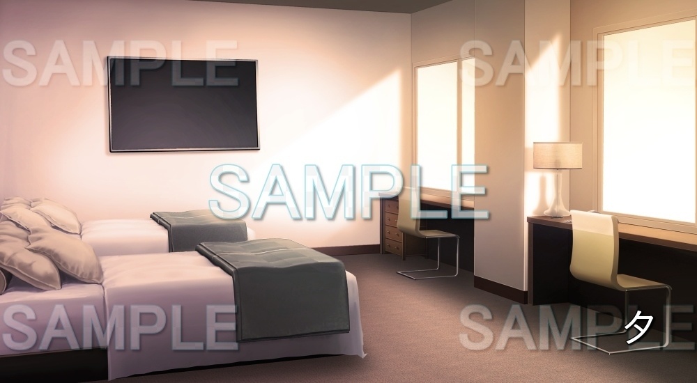 【背景素材】ビジネスホテルな部屋 ツイン (日常編part18-bg018h)