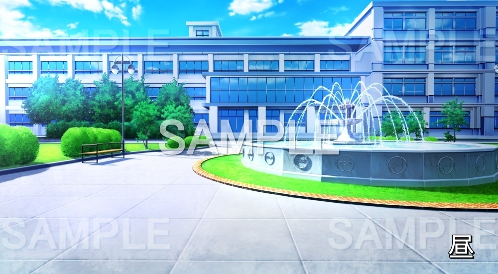 【背景素材】校舎 噴水のある中庭 (学園編part12-BG12_pl_a)