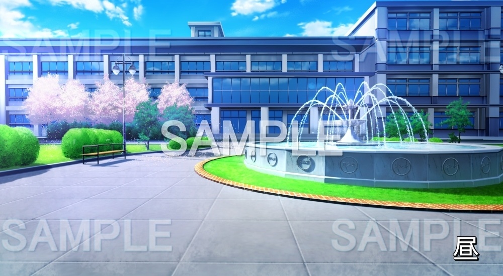 【背景素材】桜咲く校舎 噴水のある中庭 (学園編part12-BG12_pl_cs)
