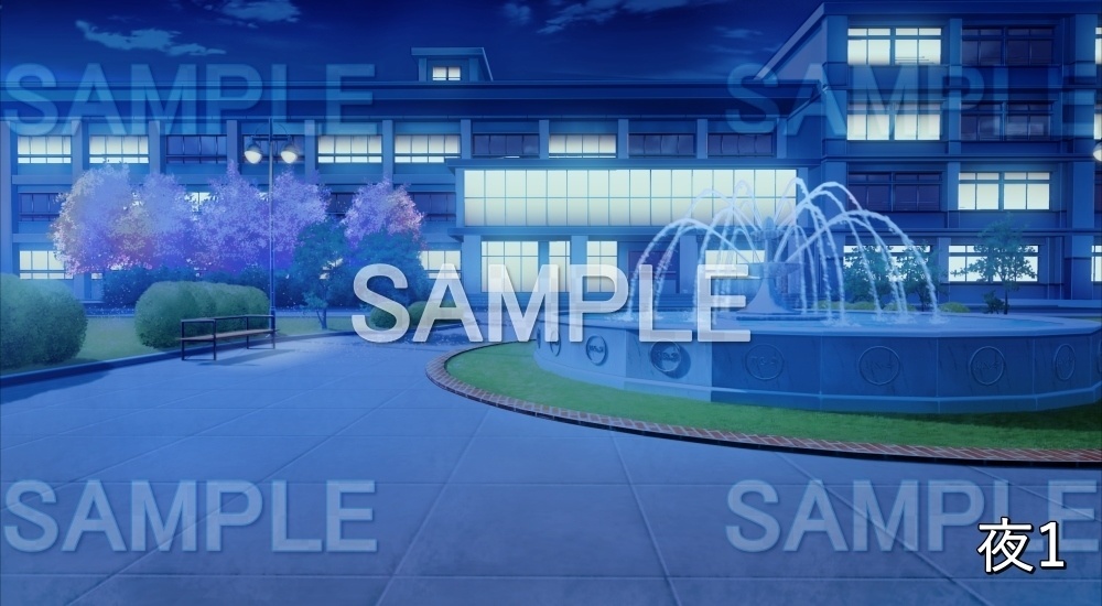 【背景素材】桜咲く校舎 噴水のある中庭 (学園編part12-BG12_pl_cs)