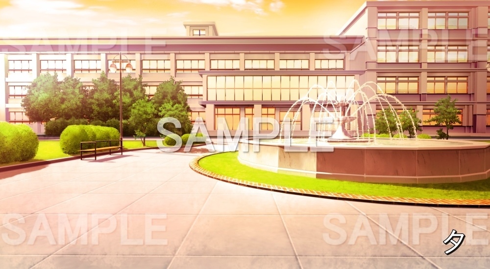 【背景素材】校舎 噴水のある中庭 | 文字なし (学園編part12-BG12_pl_a)