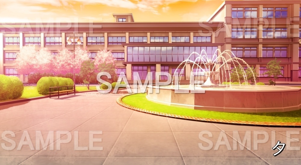 【背景素材】桜咲く校舎 噴水のある中庭 | 文字なし (学園編part12-BG12_pl_cs)
