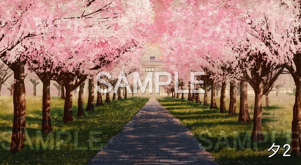 【背景素材】桜並木 校舎 (自然春編part05-flower_namiki02)