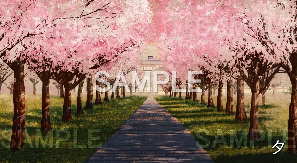 【背景素材】桜並木 校舎 (自然春編part05-flower_namiki02)