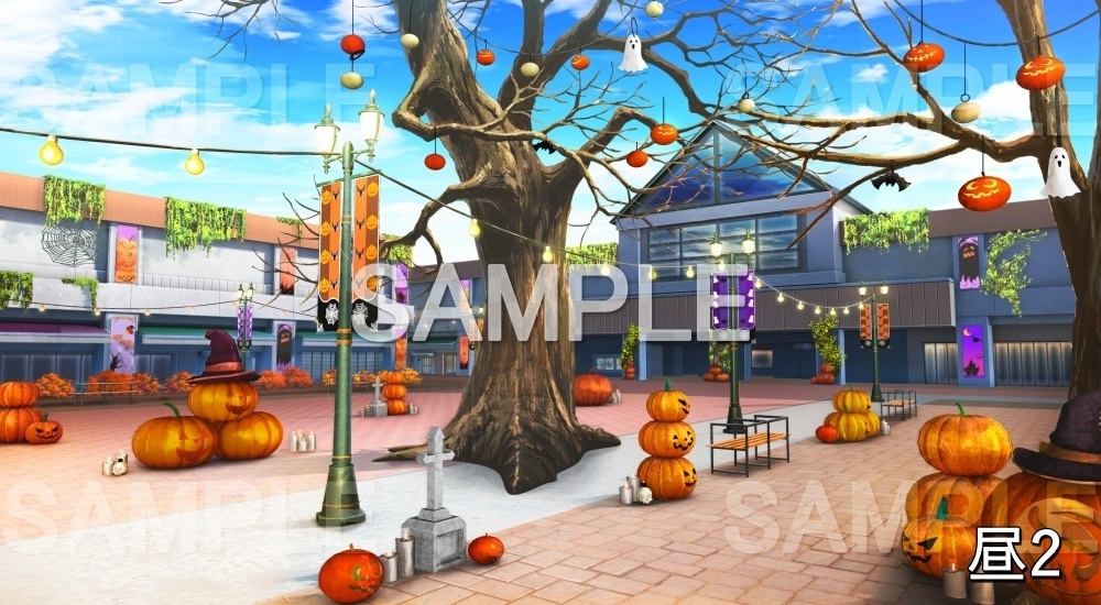 【背景素材】駅前のハロウィン街 (自然&秋編part07-autumnhw_bg020)