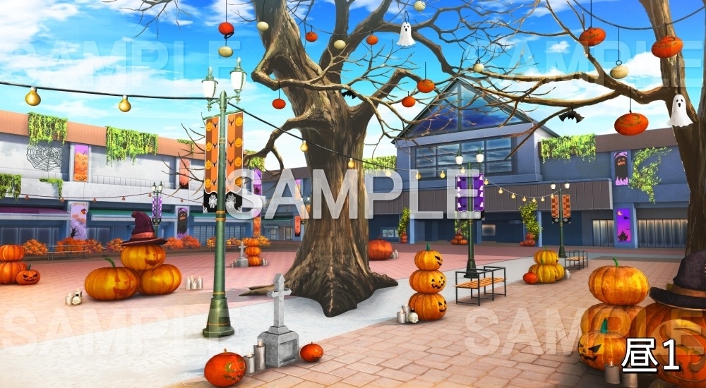 【背景素材】駅前のハロウィン街 (自然&秋編part07-autumnhw_bg020)