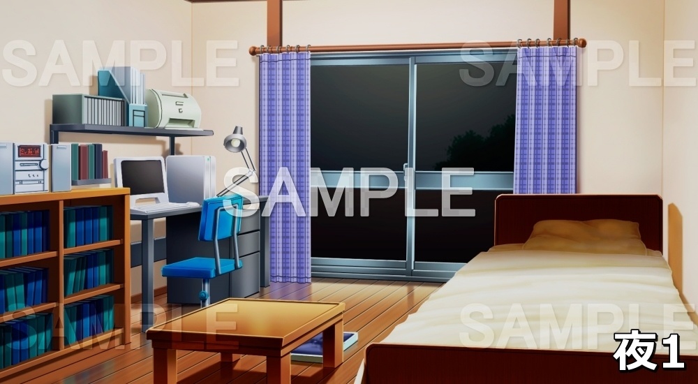 【背景素材】パソコンのある部屋(ブルー) (日常編part01&02-niti004)