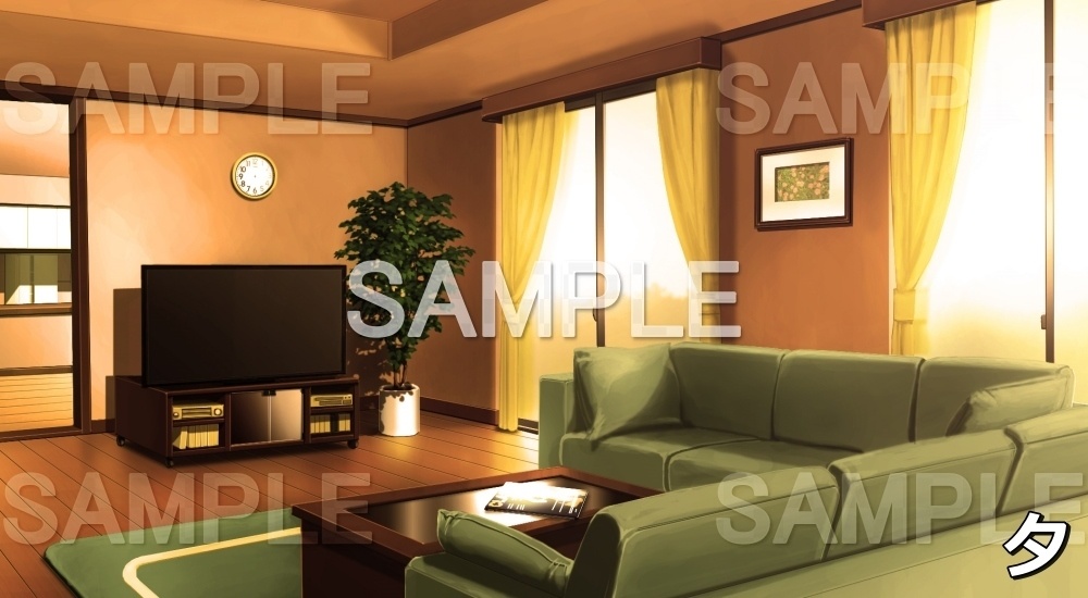 【背景素材】リビングルーム(グリーン) (日常編part01&02-niti018)