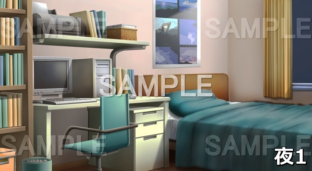 【背景素材】パソコンのある部屋(グリーン) (日常編part01&02-niti021)