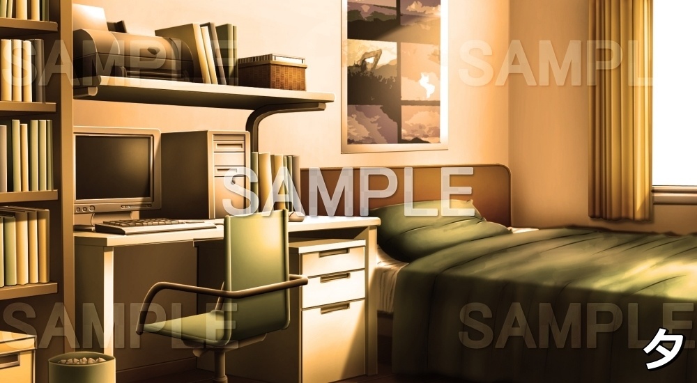 【背景素材】パソコンのある部屋(グリーン) (日常編part01&02-niti021)