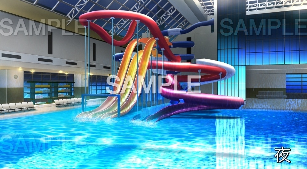 【背景素材】ウォータースライダーのあるプール①屋内(『夏休み編』part01(Boost)-bg022pool01)