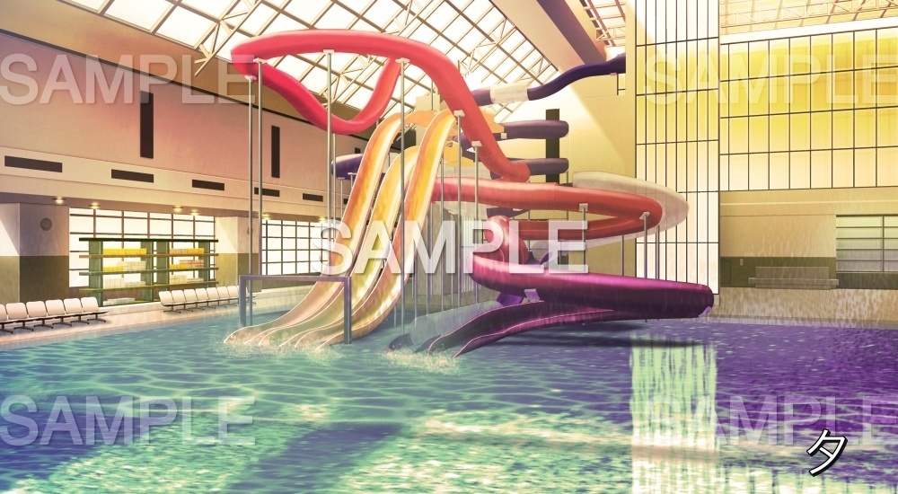 【背景素材】ウォータースライダーのあるプール①屋内(『夏休み編』part01(Boost)-bg022pool01)