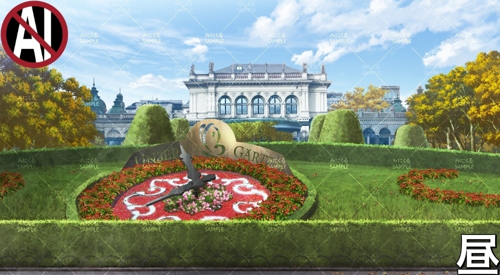 花時計の公園( ヨーロッパ風編part02-秋- park)【背景素材】