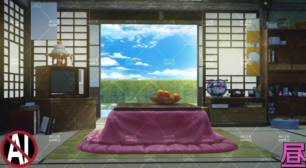おばあちゃん家の部屋①+小物 ( お部屋編 part01 - kotatsu01-2_d_komono)【背景素材】