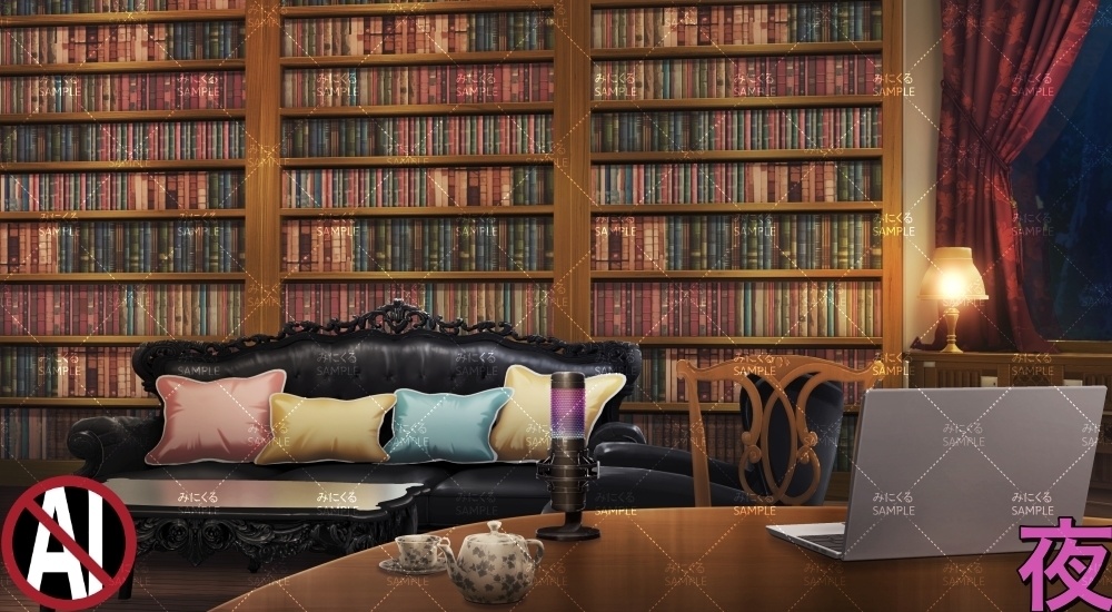 本棚のある部屋+小物① ( お部屋編 part01 - book01-2_d_komono01)【背景素材】