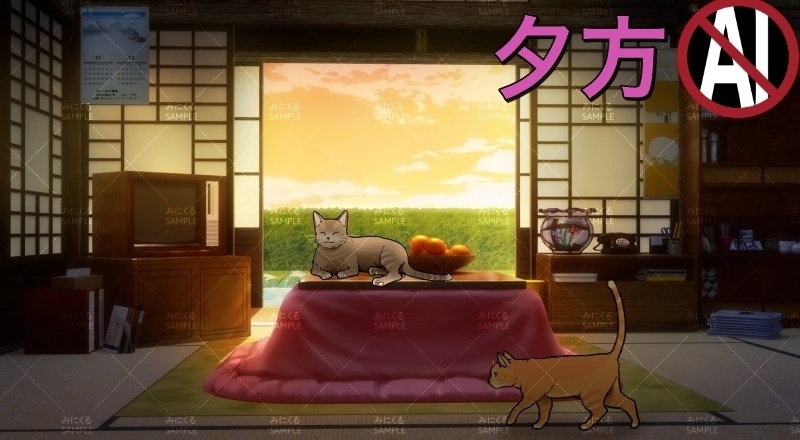 【動く背景素材】こたつと猫11-12月 (お部屋01-kotatsu01)