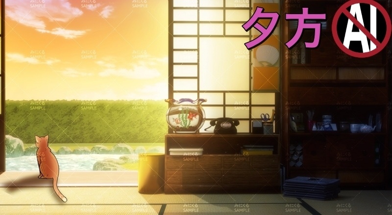 【動く背景】猫と縁側_パーツセット (お部屋01-kotatsu05)【配信素材】
