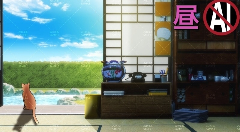 【動く背景】猫と縁側_パーツセット (お部屋01-kotatsu05)【配信素材】