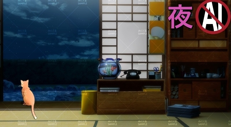 【動く背景】猫と縁側_パーツセット (お部屋01-kotatsu05)【配信素材】