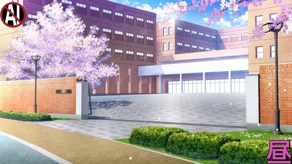 【動く背景素材】桜の舞う校門前 (桜舞う学園編part01-sakuraschool01)