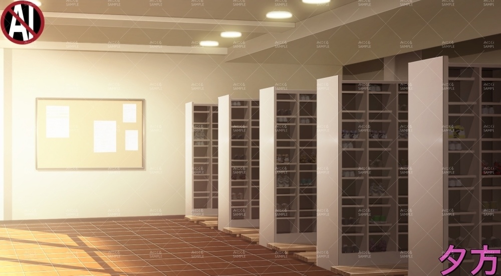 【背景素材】生徒玄関の下駄箱 (学園編part10-1711gakuen003)