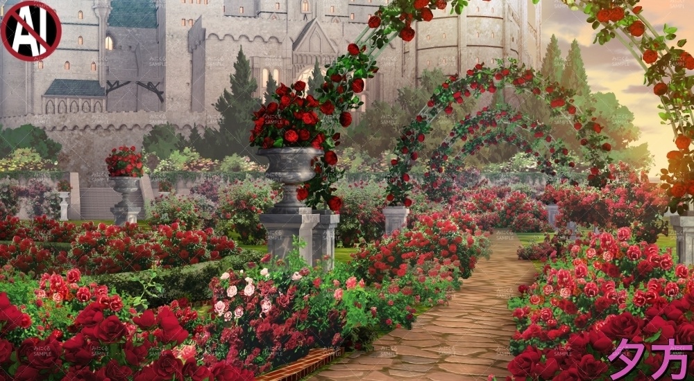 【背景素材】城のバラ庭園(ファンタジー編part06-fan06a_garden)