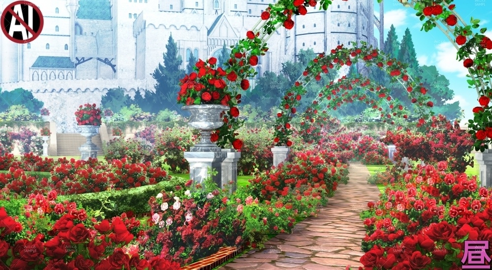 【背景素材】城のバラ庭園(ファンタジー編part06-fan06a_garden)