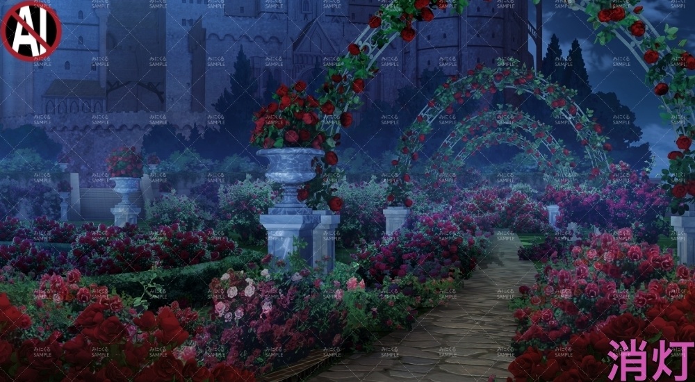 【背景素材】城のバラ庭園(ファンタジー編part06-fan06a_garden)