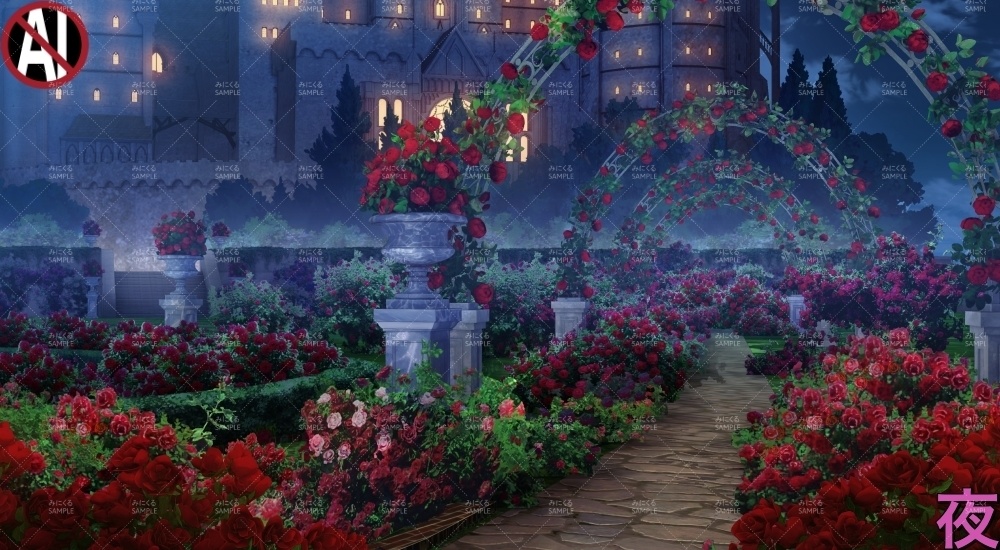 【背景素材】城のバラ庭園(ファンタジー編part06-fan06a_garden)