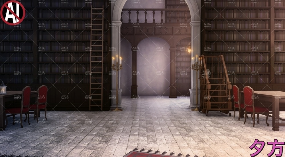 【背景素材】図書室・書庫(ファンタジー編part06-fan06a_library)