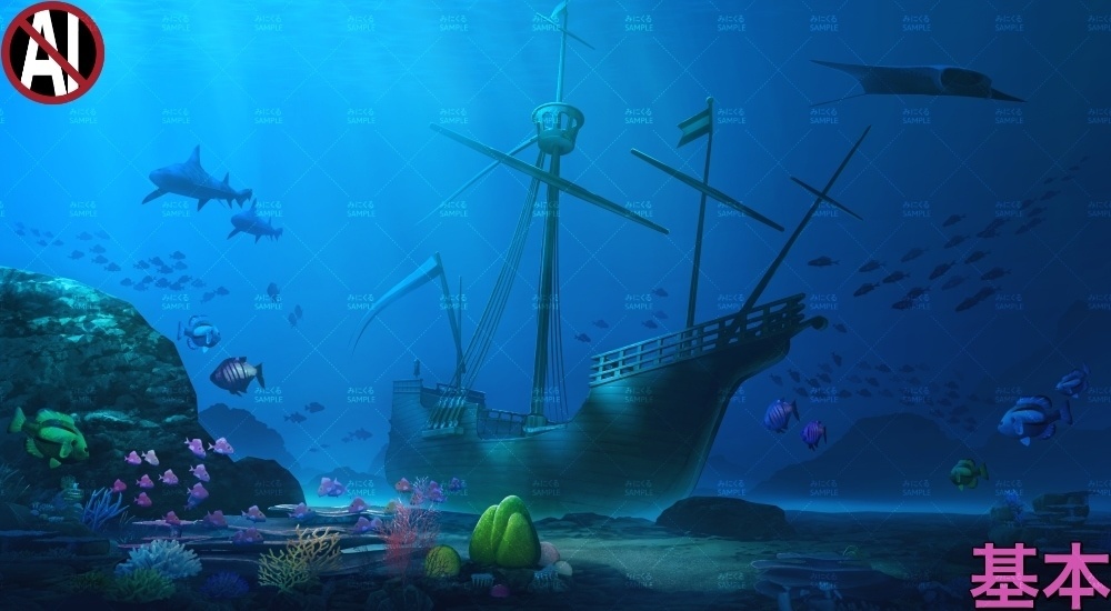 【背景素材】海底の沈没船(ファンタジー編part07A-sunken_ship)
