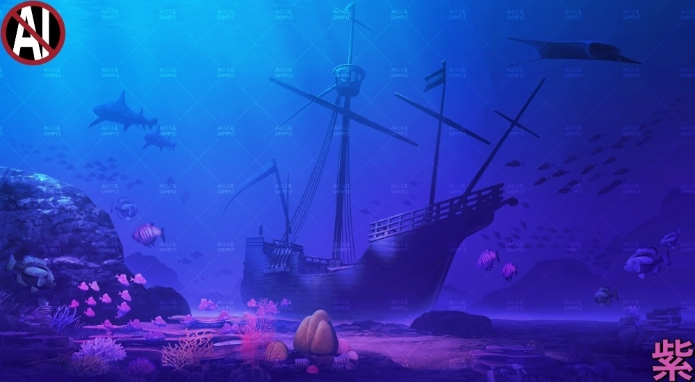 【背景素材】海底の沈没船(ファンタジー編part07A-sunken_ship)