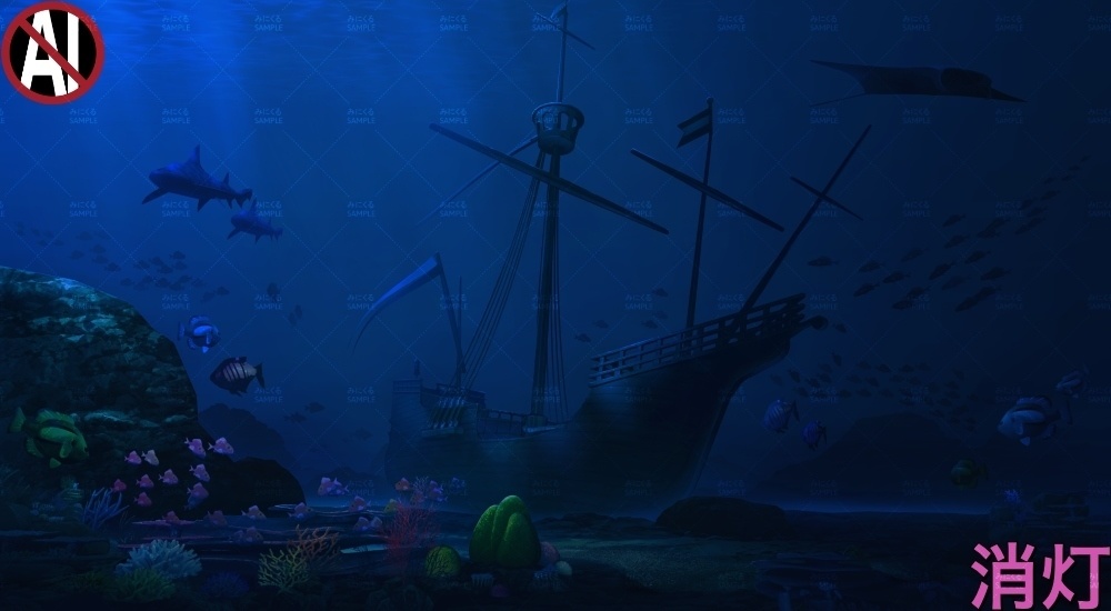 【背景素材】海底の沈没船(ファンタジー編part07A-sunken_ship)