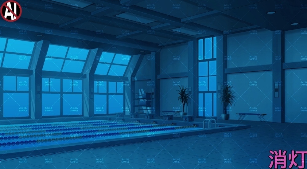 【背景素材】ガラス張りの屋内プール(学園編part13-albg03)