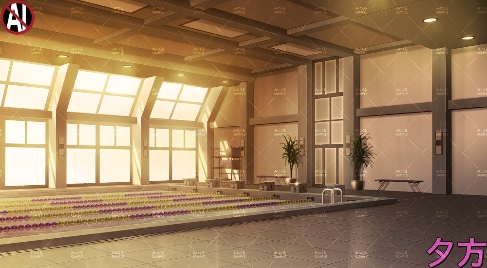 【背景素材】ガラス張りの屋内プール(学園編part13-albg03)