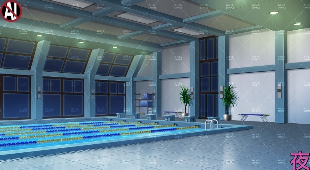 【背景素材】ガラス張りの屋内プール(学園編part13-albg03)