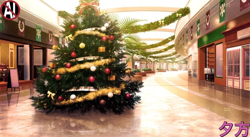 【背景素材】ショッピングモールのクリスマスツリー②(クリスマス特別版part03-xmas03_passage)