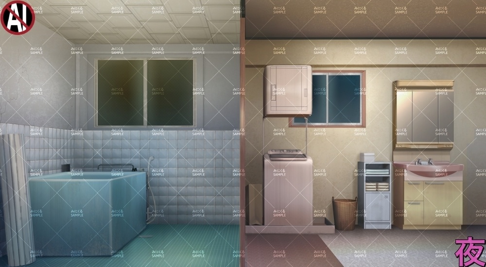 【背景素材】お風呂場と脱衣所(日常編part17A-1803tanuki012_03)