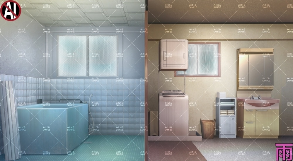 【背景素材】お風呂場と脱衣所(日常編part17A-1803tanuki012_03)