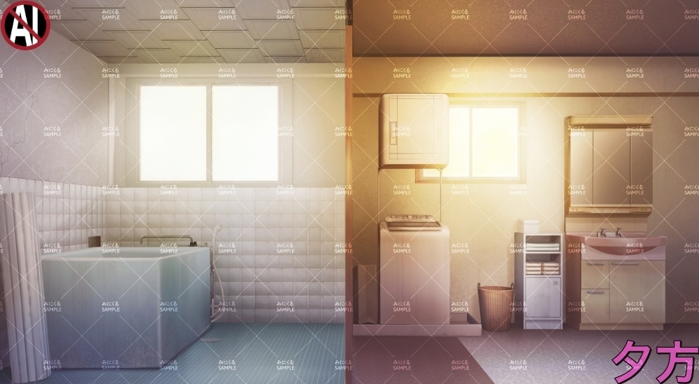 【背景素材】お風呂場と脱衣所(日常編part17A-1803tanuki012_03)