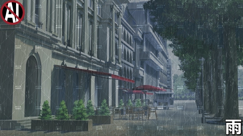 【背景素材】お洒落なカフェと並木道_春/海外の街路 (ヨーロッパ風編01-twstreet001)