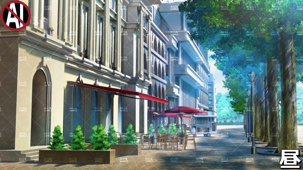 【背景素材】お洒落なカフェと並木道_春/海外の街路 (ヨーロッパ風編01-twstreet001)