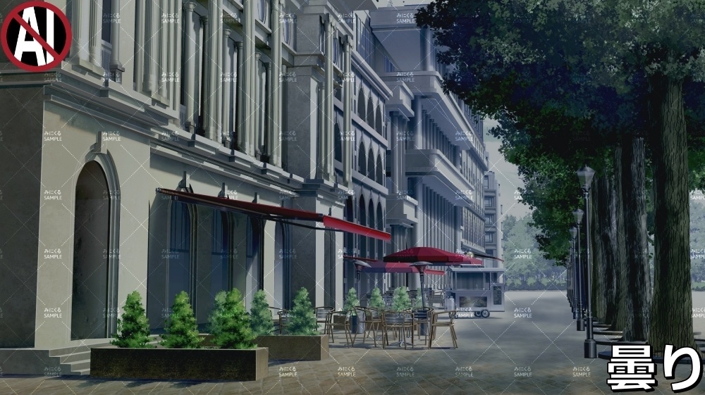 【背景素材】お洒落なカフェと並木道_春/海外の街路 (ヨーロッパ風編01-twstreet001)