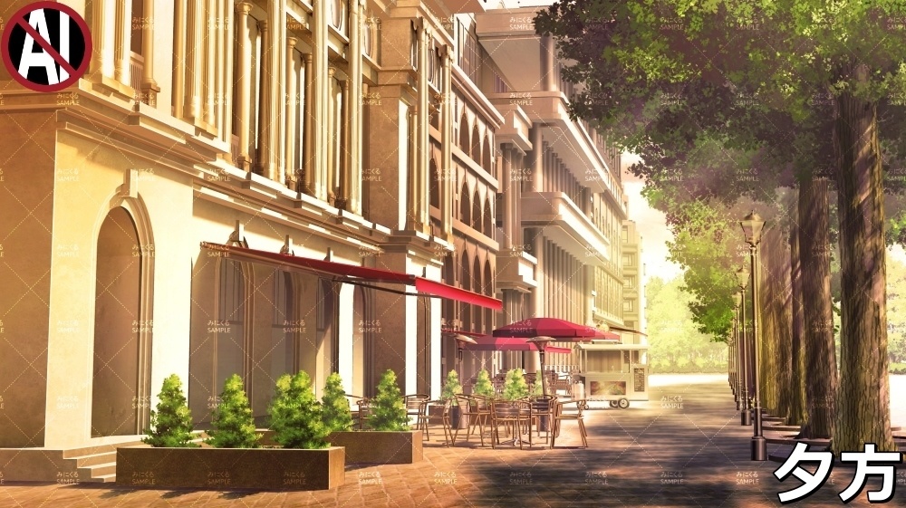 【背景素材】お洒落なカフェと並木道_春/海外の街路 (ヨーロッパ風編01-twstreet001)